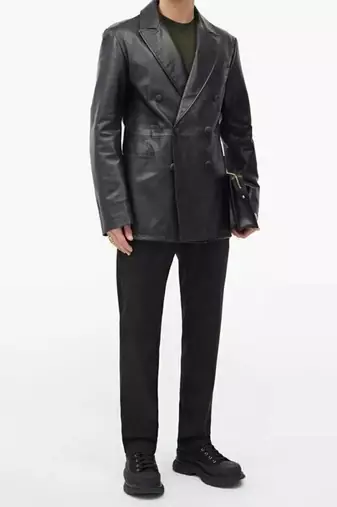 Men's black double breasted real lambskin leather blazer coat