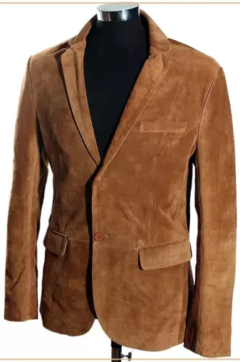 Men's brown soft genuine suede leather two button blazer