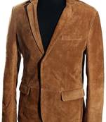 Men's brown soft genuine suede leather two button blazer