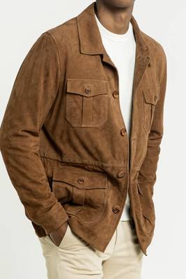 Men's brown soft genuine suede leather safari jacket coat blazer 1
