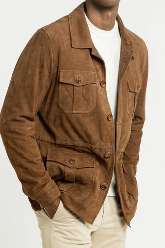 Men's brown soft genuine suede leather safari jacket coat blazer