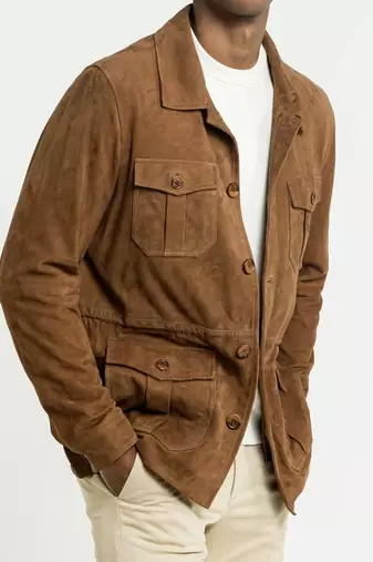 Men's brown soft genuine suede leather safari jacket coat blazer
