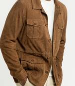 Men's brown soft genuine suede leather safari jacket coat blazer
