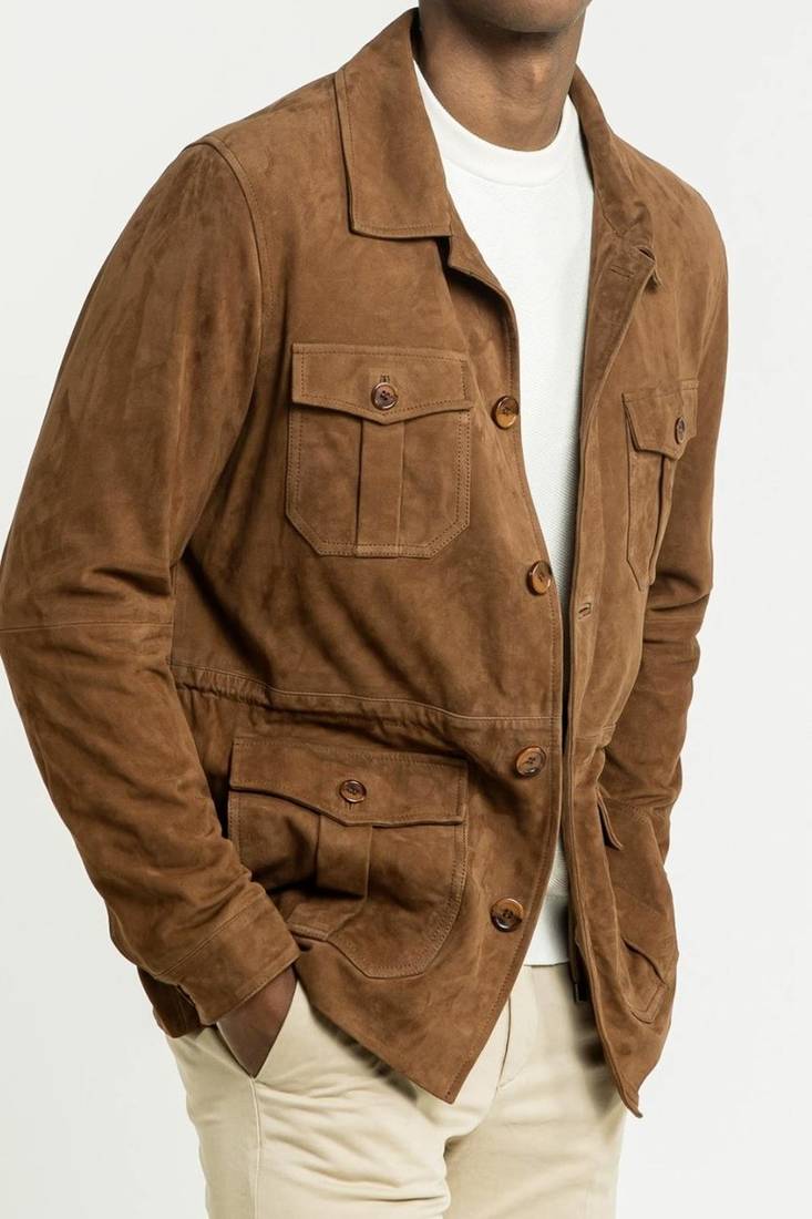 Men's brown soft genuine suede leather safari jacket coat blazer