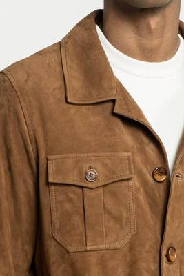 Men's brown soft genuine suede leather safari jacket coat blazer 2