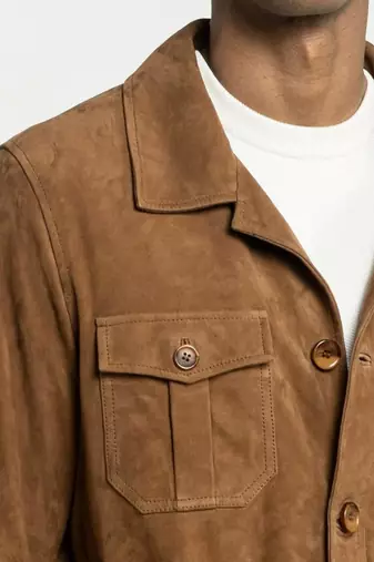 Men's brown soft genuine suede leather safari jacket coat blazer