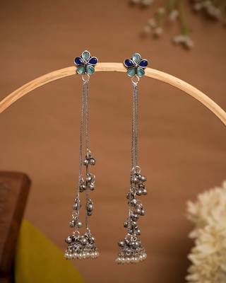 Blue Floral Long Chain Jhumka Earrings for Women | Oxidised Silver Look Ethnic Traditional Dangler Earrings 1