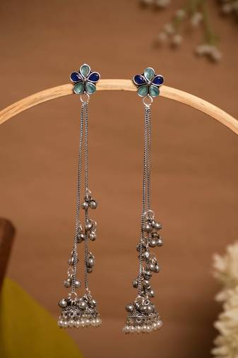 Blue Floral Long Chain Jhumka Earrings for Women | Oxidised Silver Look Ethnic Traditional Dangler Earrings
