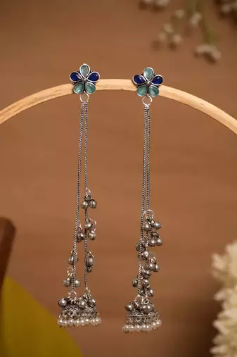 Blue Floral Long Chain Jhumka Earrings for Women | Oxidised Silver Look Ethnic Traditional Dangler Earrings