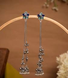 Blue Floral Long Chain Jhumka Earrings for Women | Oxidised Silver Look Ethnic Traditional Dangler Earrings