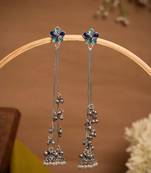 Blue Floral Long Chain Jhumka Earrings for Women | Oxidised Silver Look Ethnic Traditional Dangler Earrings