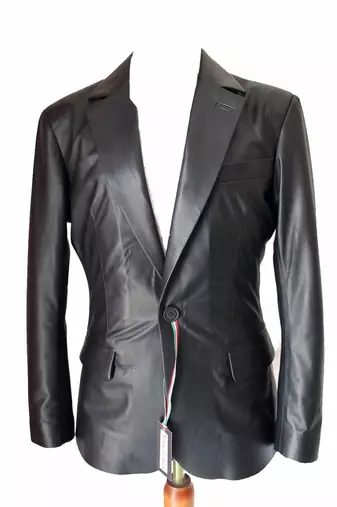 Men's black real lambskin leather single button formal blazer
