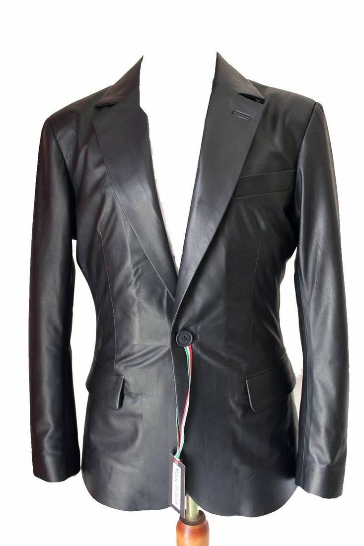 Men's black real lambskin leather single button formal blazer