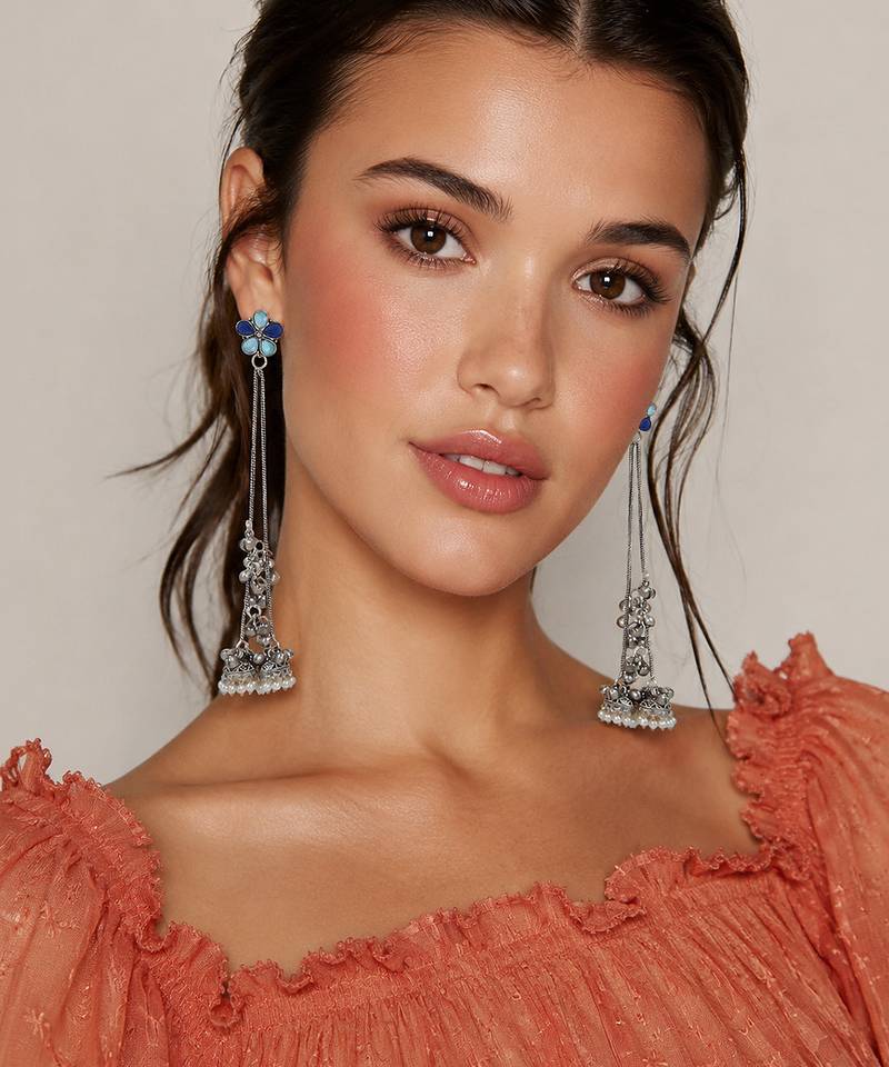Blue Floral Long Chain Jhumka Earrings for Women | Oxidised Silver Look Ethnic Traditional Dangler Earrings