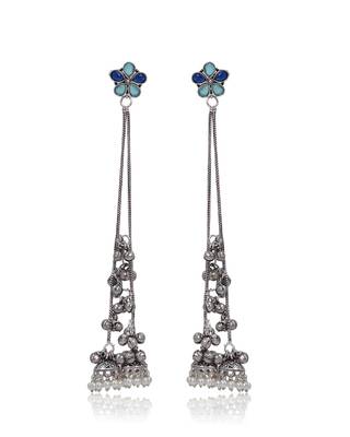 Blue Floral Long Chain Jhumka Earrings for Women | Oxidised Silver Look Ethnic Traditional Dangler Earrings 3