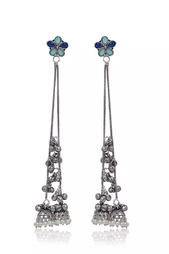 Blue Floral Long Chain Jhumka Earrings for Women | Oxidised Silver Look Ethnic Traditional Dangler Earrings