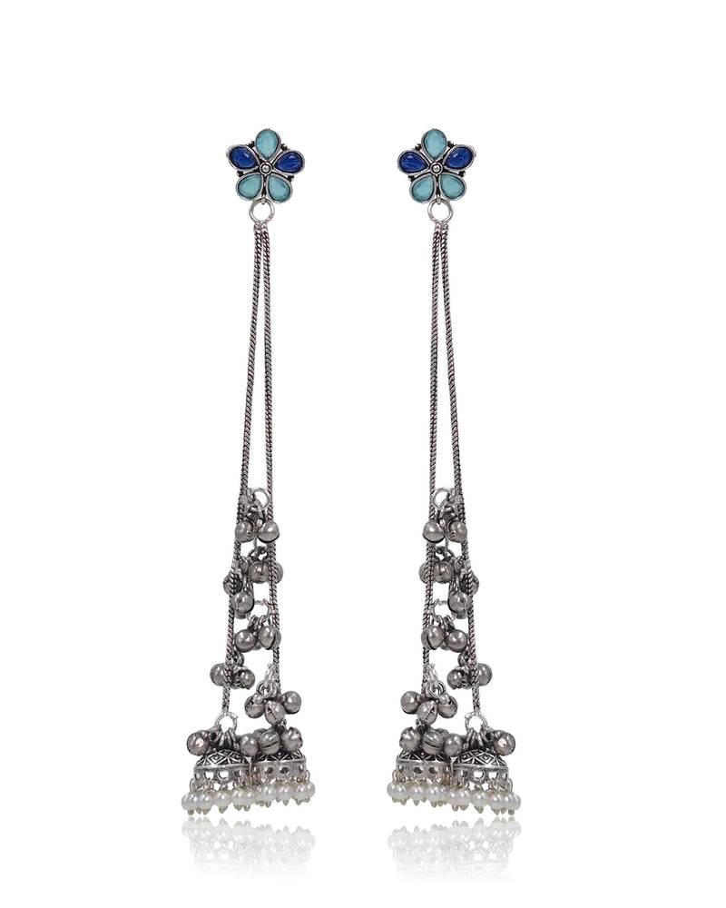 Blue Floral Long Chain Jhumka Earrings for Women | Oxidised Silver Look Ethnic Traditional Dangler Earrings