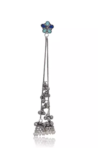 Blue Floral Long Chain Jhumka Earrings for Women | Oxidised Silver Look Ethnic Traditional Dangler Earrings