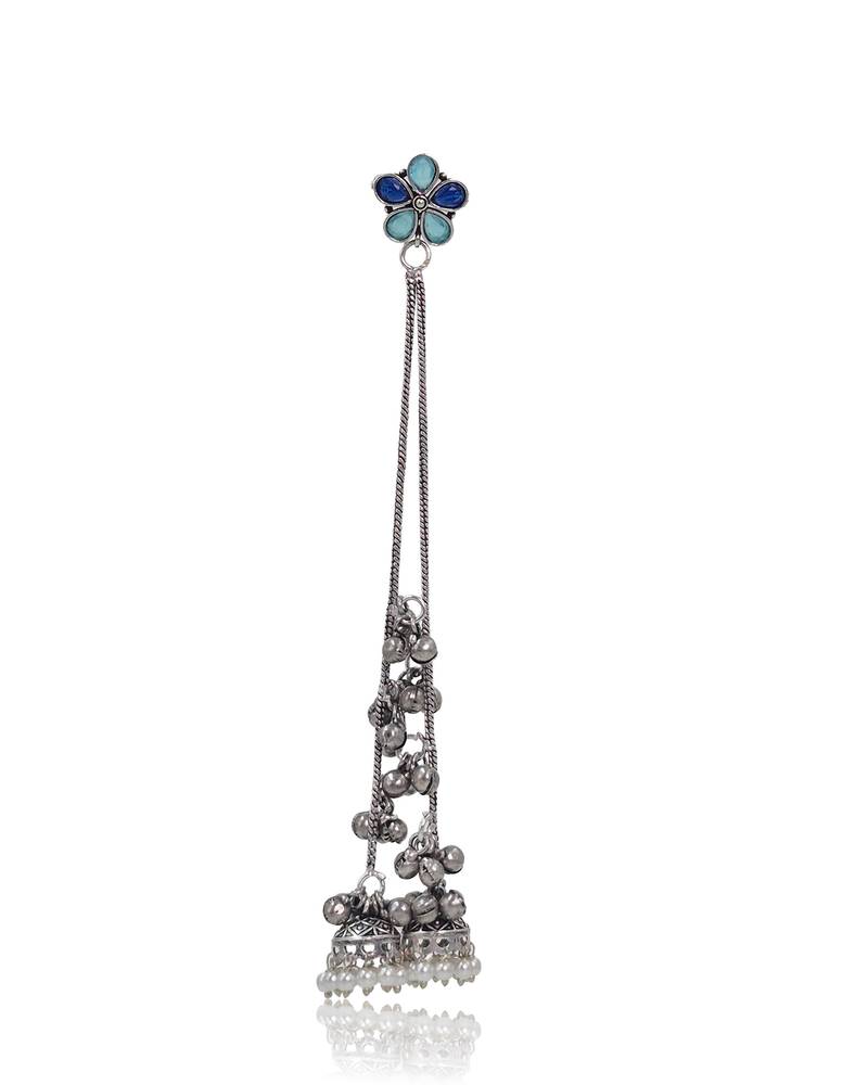 Blue Floral Long Chain Jhumka Earrings for Women | Oxidised Silver Look Ethnic Traditional Dangler Earrings