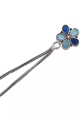 Blue Floral Long Chain Jhumka Earrings for Women | Oxidised Silver Look Ethnic Traditional Dangler Earrings