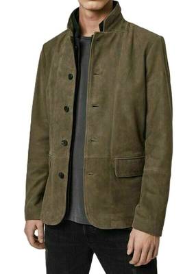 Men's olive green soft suede genuine leather casual jacket 1