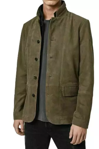 Men's olive green soft suede genuine leather casual jacket