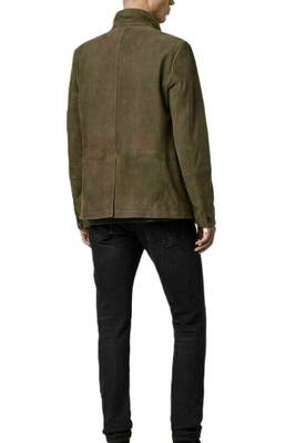 Men's olive green soft suede genuine leather casual jacket 2