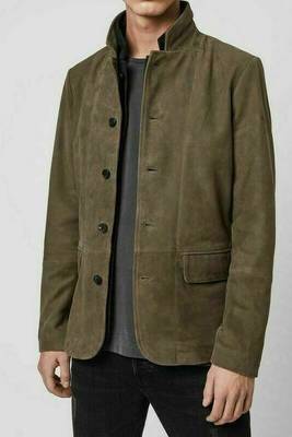 Men's olive green soft suede genuine leather casual jacket 3