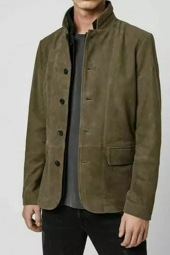 Men's olive green soft suede genuine leather casual jacket