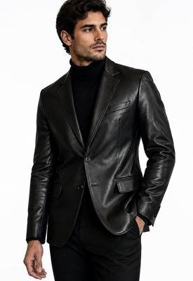 Men's black genuine lambskin leather slim fit blazer jacket 1