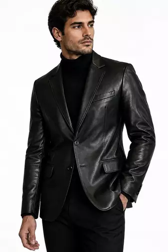 Men's black genuine lambskin leather slim fit blazer jacket