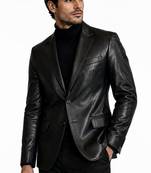Men's black genuine lambskin leather slim fit blazer jacket