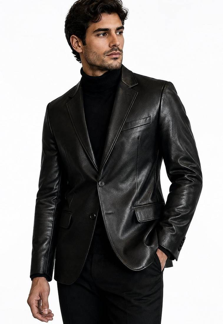 Men's black genuine lambskin leather slim fit blazer jacket