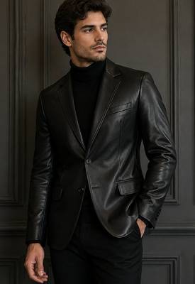 Men's black genuine lambskin leather slim fit blazer jacket 2