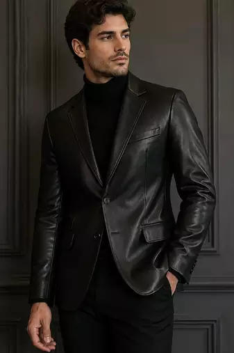 Men's black genuine lambskin leather slim fit blazer jacket