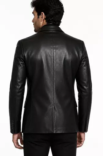 Men's black genuine lambskin leather slim fit blazer jacket