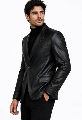 Men's black genuine lambskin leather slim fit blazer jacket 4