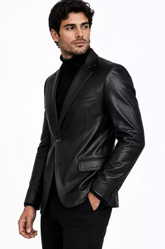 Men's black genuine lambskin leather slim fit blazer jacket