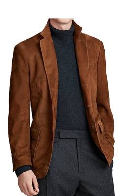 Men's brown soft suede leather blazer two button jacket 1
