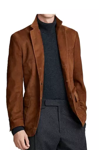 Men's brown soft suede leather blazer two button jacket