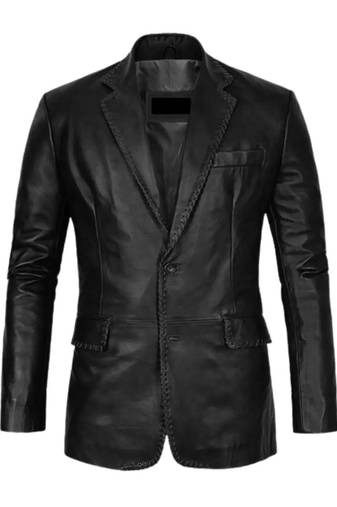 Men's black genuine leather blazer two button coat