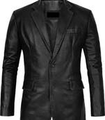 Men's black genuine leather blazer two button coat