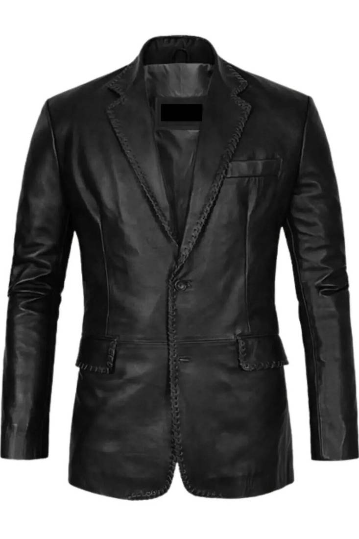 Men's black genuine leather blazer two button coat