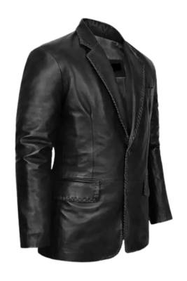 Men's black genuine leather blazer two button coat 2