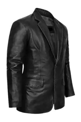 Men's black genuine leather blazer two button coat
