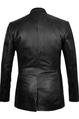 Men's black genuine leather blazer two button coat 4