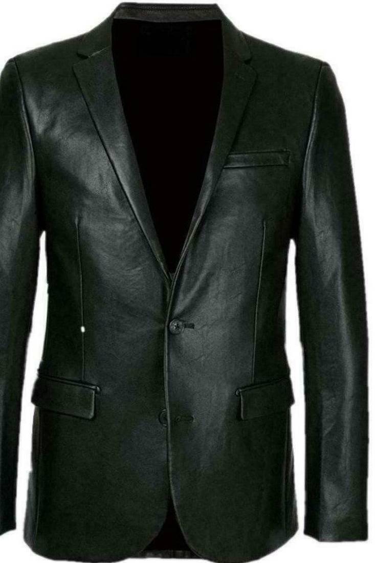 Men's black genuine leather blazer sport coat jacket
