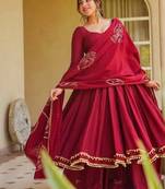 Women's maroon anarkali kurta set with embroidered dupatta