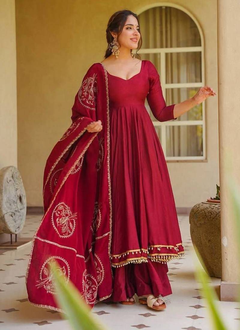 Women's maroon anarkali kurta set with embroidered dupatta
