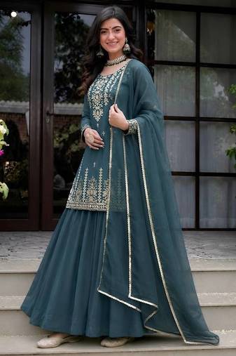Women's teal blue embroidered kurta lehenga set with chanderi silk dupatta